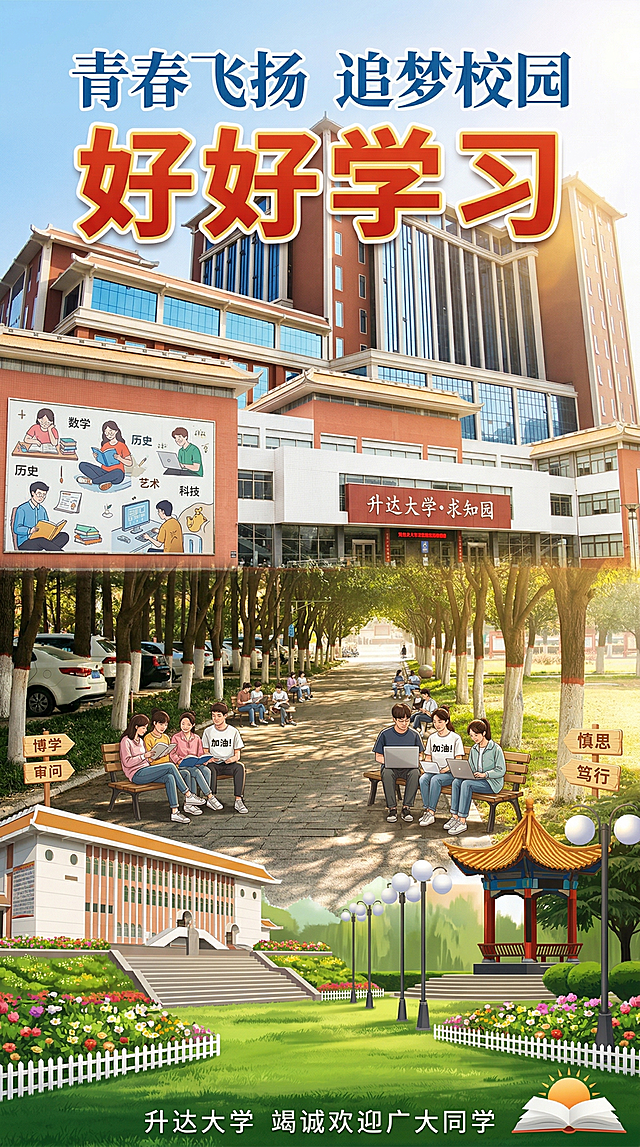 以这几张校园实景图片为基础，创作一张主题为好好学习的学校宣传海报，整体风格青春积极，融合图书馆、校园建筑、林荫道元素，添加醒目文字'好好学习'，体现校园学习氛围