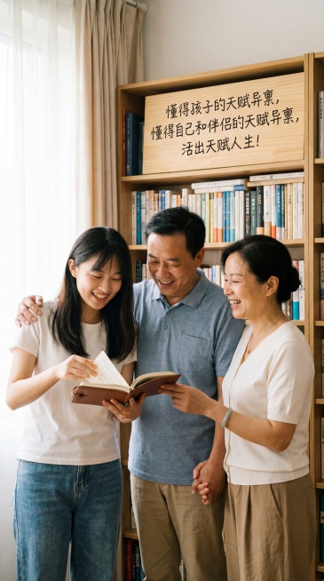 画面中有一对中年中国父母和一个中国大学生女孩，一家人温馨互动，图片上清晰书写着正确的中文文字“懂得孩子的天赋异禀，懂得自己和伴侣的天赋异禀，活出天赋人生！”，整体氛围温暖积极预览效果