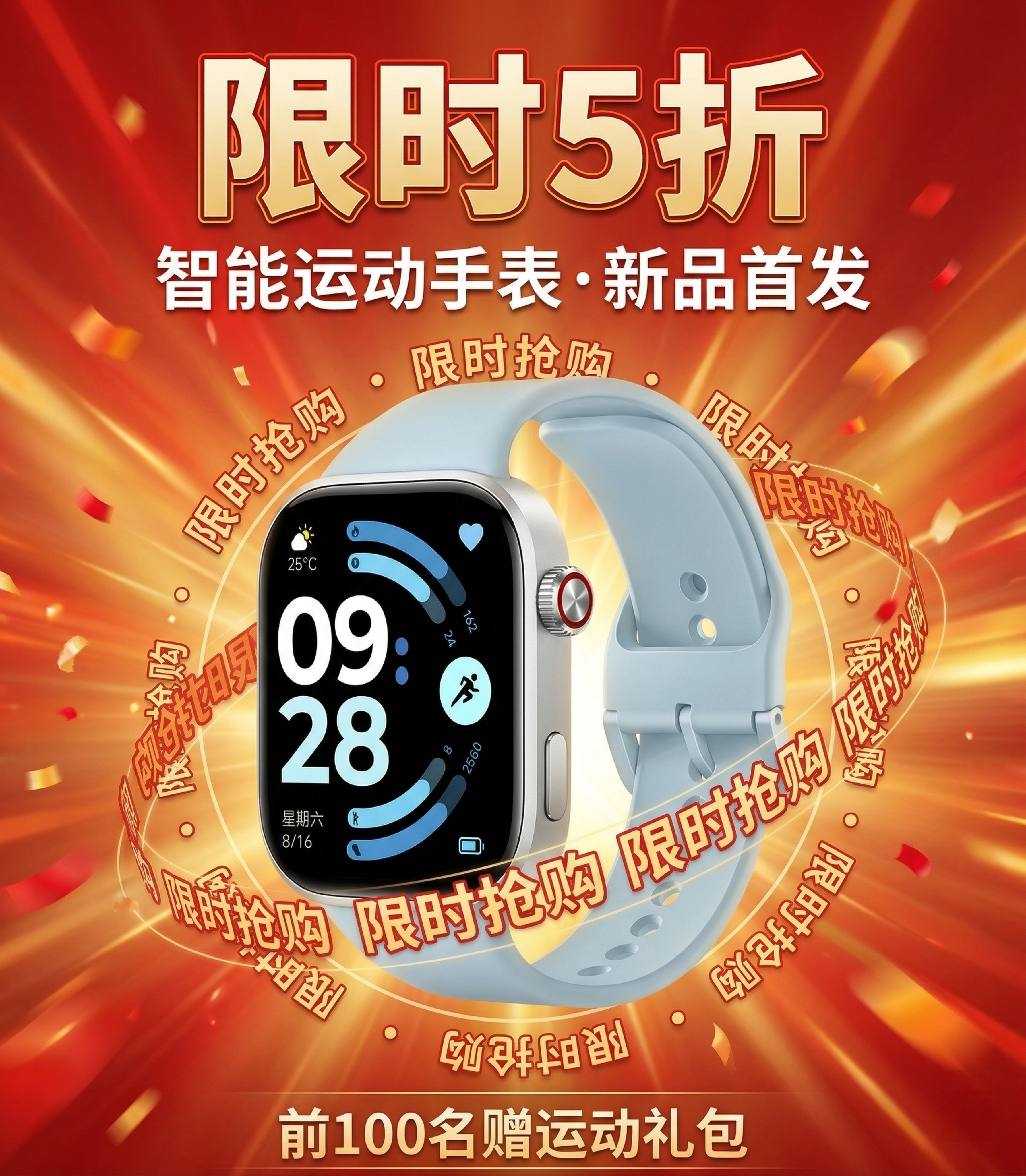 智能运动手表置于画面中央，将背景改为放射状光效与飘浮的礼花粒子… - 图片创意预览
