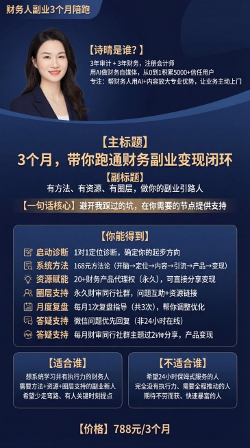 财务副业课程宣传海报，整体为精致高质感蓝色色调，真实还原上传的女性人像照片，包含全部提供的文案内容，其中“一句话核心”、“你能得到”、“适合谁”、“不适合谁”、“价格”模块突出显示，排版清晰，核心关键预览效果