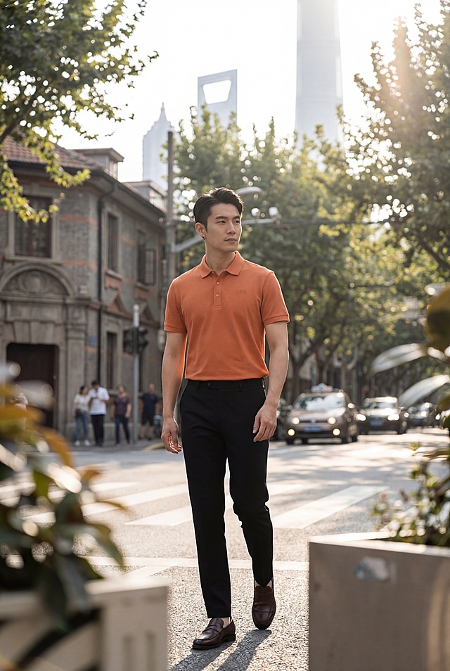 保持橙色Polo衫原样，衣服上的Logo文字不变。180cm高的时尚休闲商务风东亚男士，穿着这件Polo衫，搭配黑色西裤和休闲皮鞋，在上海街道上行走抓拍，姿态松弛，为城市漫步风格。采用经典侧逆光加柔光补光，低饱和度中性色调，黄金分割点构图，画面有前中后景层次，包含光斑等流动生命元素，商业高调摄影效果，通透自然。
