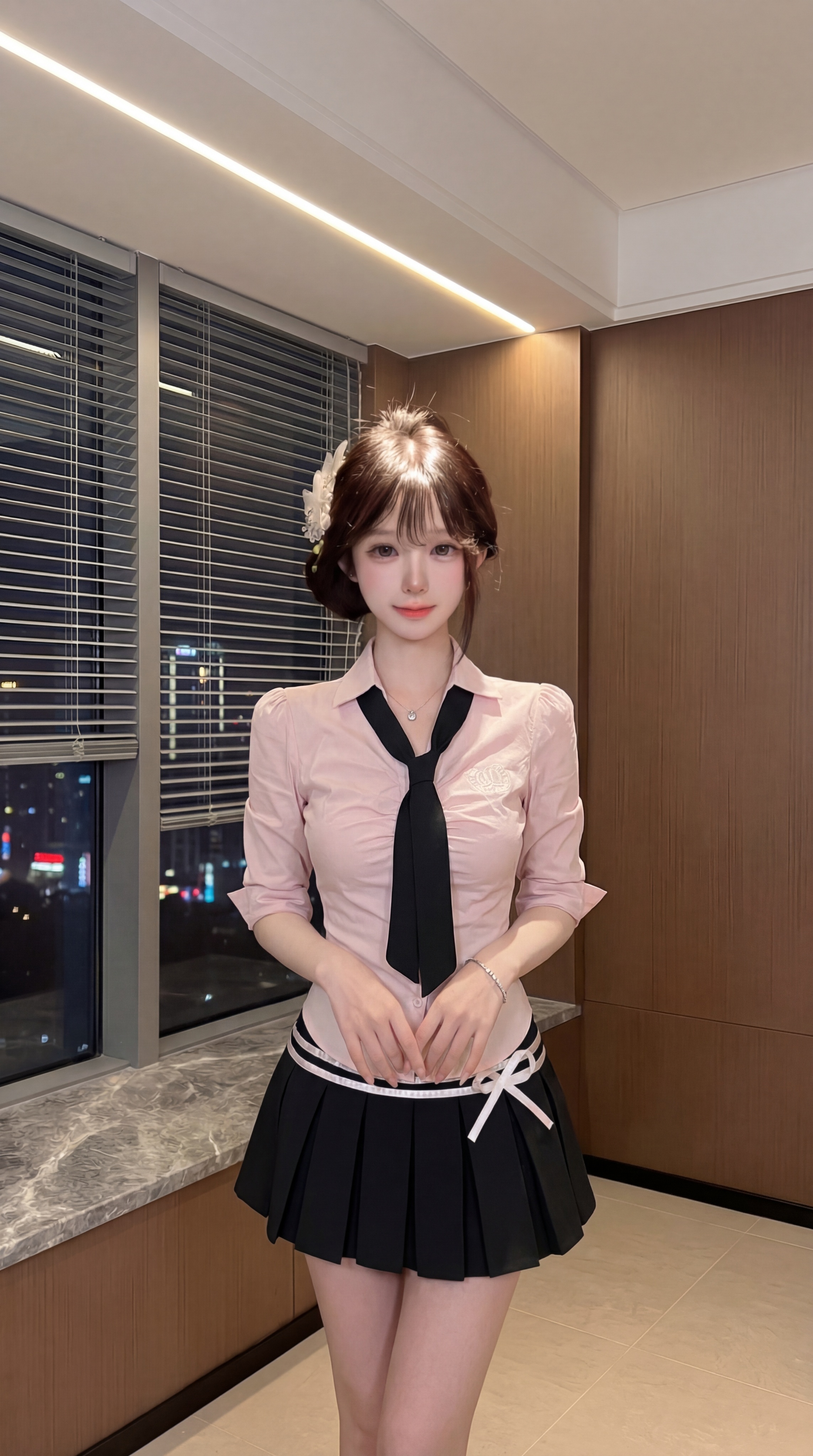 图二人物，穿着图一的粉色短袖衬衫搭配黑色百褶短裙，领口系黑色蝴… - 图片创意预览