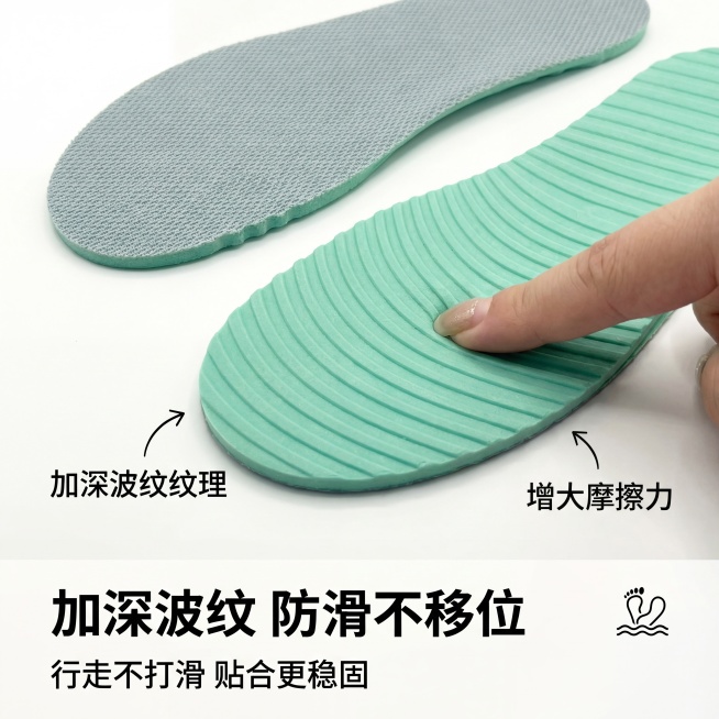 严格还原上传的鞋垫产品外观，保持浅灰色网格针织表层，细密菱形纹理，透气亲肤，薄荷绿色乳胶底层，加深波纹防滑纹理，软弹质感，超薄版型，可弯曲折叠形态等所有细节完全一致；产品外观与参考图完全一致，不得改变预览效果