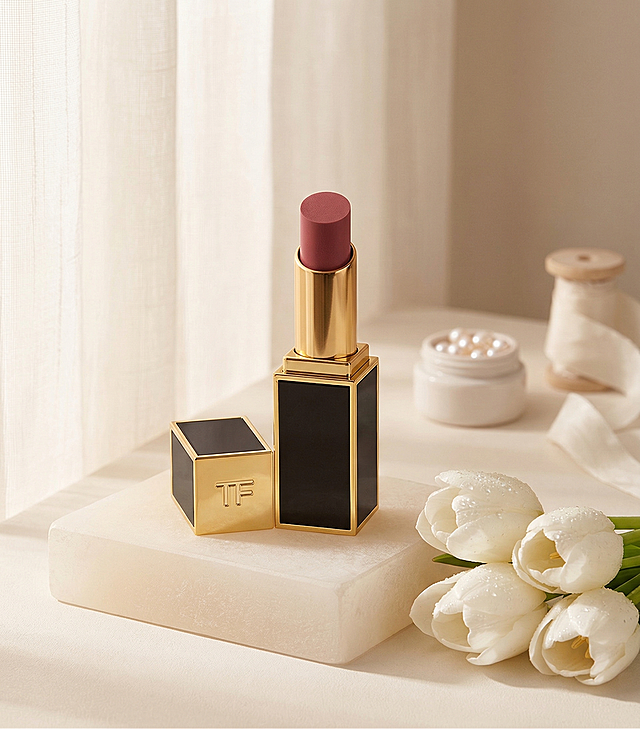 一张温暖治愈的美妆商品场景图。主体是黑金配色、带有TF金色Logo的豆沙色口红，膏体与外壳结构保持原样，Logo文字不可变，置于暖白色的磨砂石膏展台上。光线采用商业级高调摄影，柔和的漫射光从左侧透光窗帘射入，营造通透空气感，使用轮廓光勾勒口红金属外壳的精致边缘。画面右侧点缀着几朵带露珠的白色郁金香，背景虚化处摆放着一小罐珍珠和米白色丝带，增添柔美感。构图采用三分法，画面极度细腻，符合国内电商种草氛围。