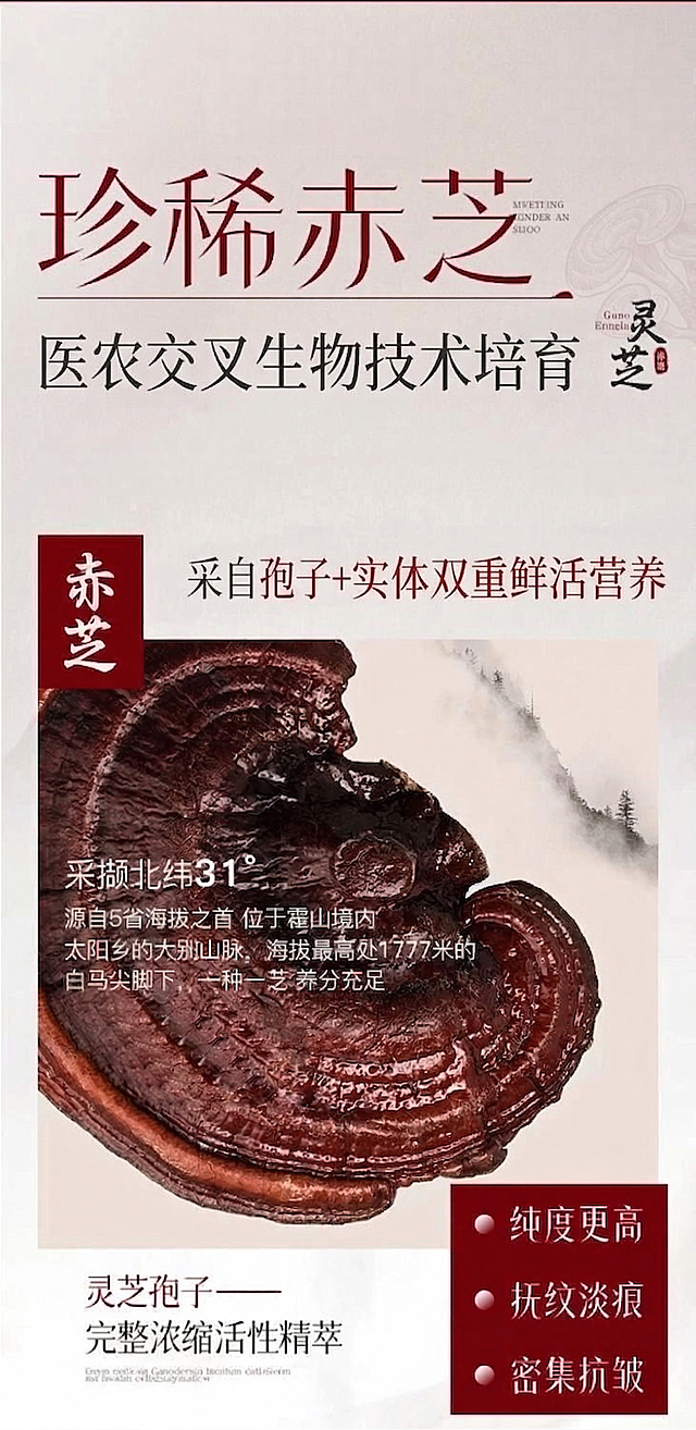修改这张灵芝海报：1. 将'专研自然溯龄能量'替换为'医农交叉生物技术培育'；2. 将'酶法破壁'替换为'采自孢子胚芽期'，字体颜色不变；3. 将'萃取技术'替换为'孢子+实体双重鲜活营养'，字体颜色不变；4. 修改后的两行文字都要保持在同一行；5. 删除'酶法破壁萃取技术'下方的英文文字；6. 其余布局、风格、图片、其他文字均保持与原图一致