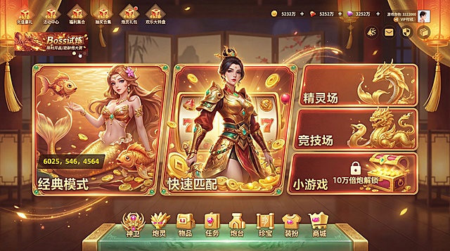 基于提供的UE游戏大厅原图参考，重新设计为现代东方奢华风高品质游戏主界面，融入轻度SLOT氛围，整体呈现东方财气、吉祥富贵、热闹欢庆、金运降临的氛围，像高端商业化游戏大厅，不是纯古风也不是传统庙会风。保留原图的UI布局结构，包括顶部导航入口、中央功能区块、底部功能按钮。色彩以暖色为主，主色为金色、红金、琥珀橙、宝石红、深棕，点缀少量翠玉绿，富贵但不土气。光影突出金色辉光、局部霓虹光感、珠宝高光、柔和泛光，层次分明，营造SLOT的兴奋奖励氛围，保留高级感避免低俗赌场风。融入现代化中国元素：金属质感祥云纹、玉石镶嵌、红金装饰框、东方纹样、瑞兽图腾、铜钱元素、宝石按钮、流光灯带、中式几何纹理、简化屏风轮廓、金色流苏、节庆灯饰、财富符号装饰。适度体现jackpot、大额奖励、爆金币氛围，表达方式精致高级统一。避免纯古风、历史写实、传统庙宇感、欧美赌场直白元素、低俗博彩风、过度霓虹、颜色脏乱、塑料感、廉价手游感、元素堆砌过多、强西式拉霸机主体、过度卡通化。材质为高品质UE渲染质感，突出金属、玉石、琉璃、烤漆、丝绸、宝石的材质对比，反射细腻，有高级高光和通透感。构图保留清晰UI信息区、按钮区和主视觉展示区，中心明确，层级清晰，适合作为游戏大厅首页。参考后两张图片的材质颜色奢华质感，生成符合描述的高品质游戏主界面场景