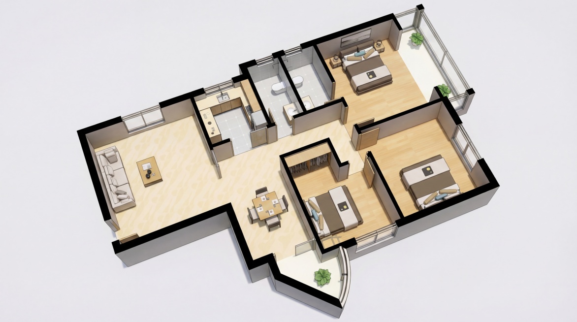 根据这张室内平面户型图转换生成三维立体户型模型，现代简约风格，图中黑色粗实线是混凝土承重墙，承重墙上不能设计门窗，采用45度斜上俯瞰视角，呈现清晰的空间结构和各个功能分区预览效果