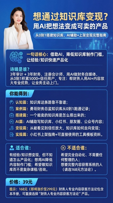 生成财务人知识库变现产品海报，介绍诗晴：诗晴是谁？3年审计 + 3年财务，注册会计师，用AI做财务自媒体，从0到1积累5000+信任用户，专注：帮财务人用AI+内容放大专业优势，让业务主动上门。主标题预览效果