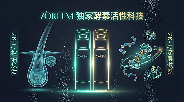 洗发液酵素科技背书页，主题为科技感与生物元素融合。背景为深蓝灰色，左侧放置半透明蓝绿色的微观毛囊结构，右侧有带漂浮动画感的酵素分子链，中央是上传的洗发液双瓶的发光轮廓。整体高光是青绿色与金色搭配，画面中添加DNA双螺旋、酶分子结构细节，还有细小气泡上升象征清洁效果。上方预留文案位置放置"ZOKETM 独家酵素活性科技"，左右两侧预留分栏位置，分别对应"ZK-I/控油焕活"和"ZK-II/深层滋养"，整体充满科技专业感。