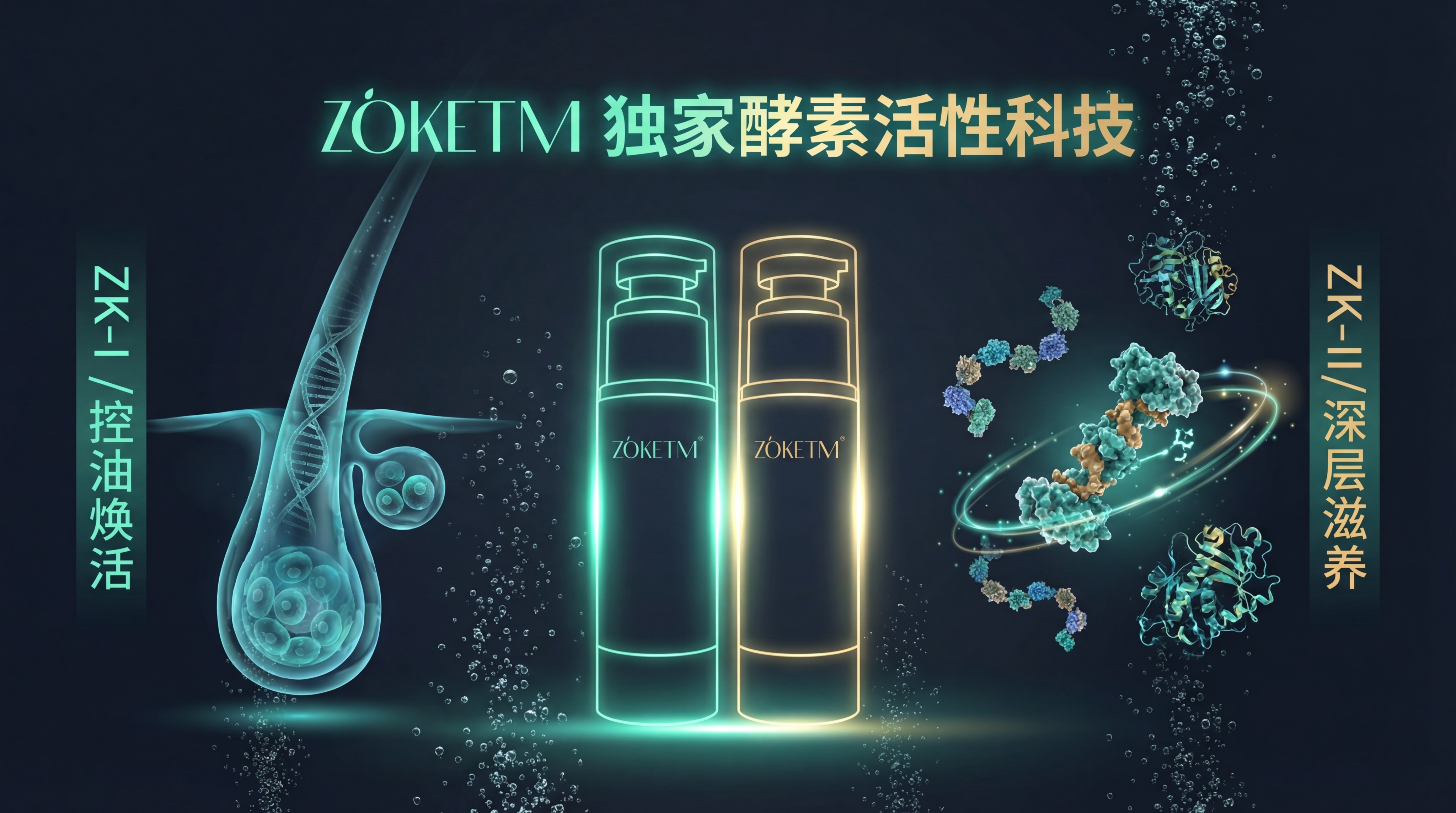 洗发液酵素科技背书页，主题为科技感与生物元素融合。背景为深蓝灰… - 图片创意预览