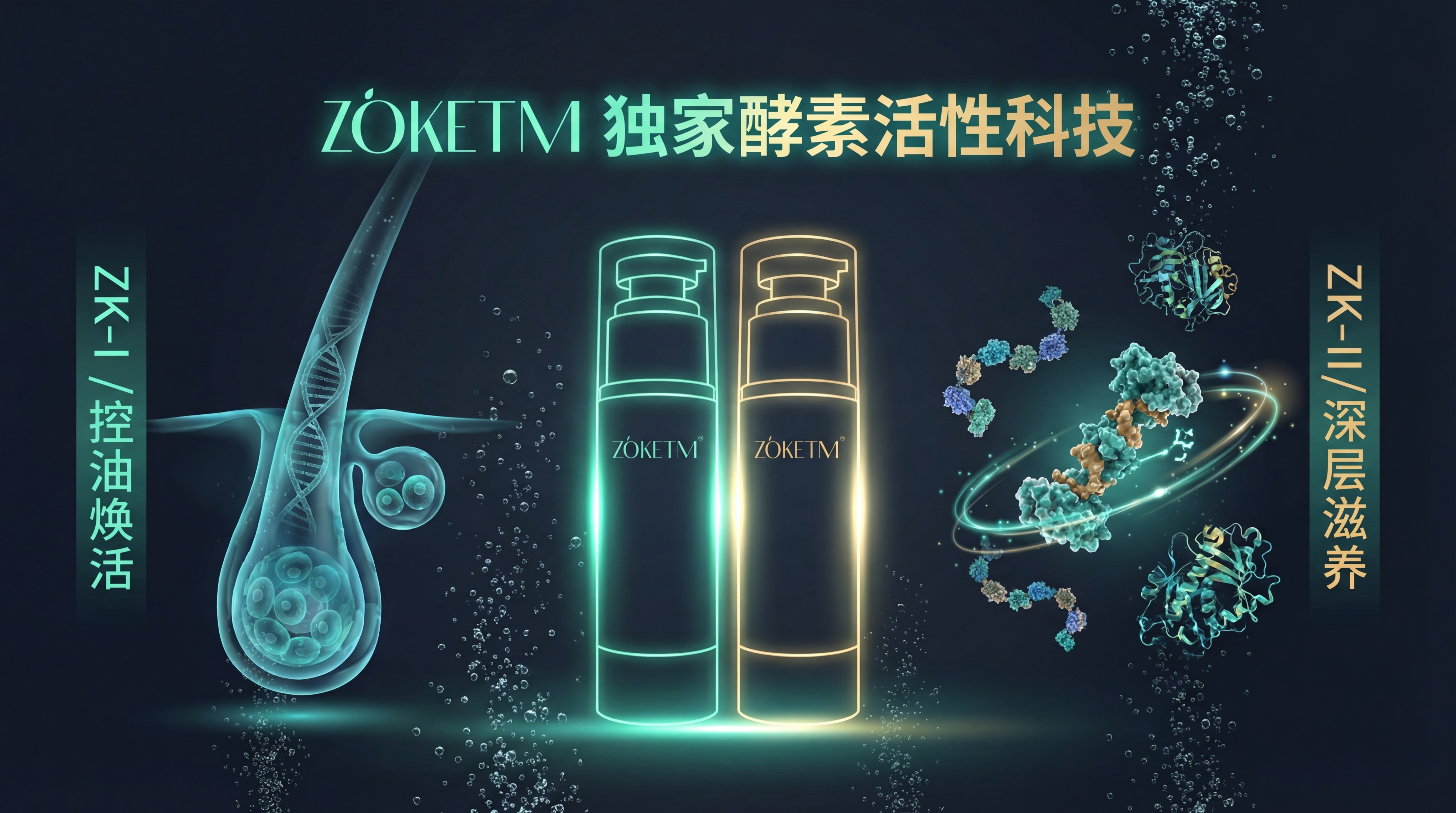 洗发液酵素科技背书页，主题为科技感与生物元素融合。背景为深蓝灰… - 图片创意预览