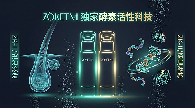 洗发液酵素科技背书页，主题为科技感与生物元素融合。背景为深蓝灰色，左侧放置半透明蓝绿色的微观毛囊结构，右侧有带漂浮动画感的酵素分子链，中央是上传的洗发液双瓶的发光轮廓。整体高光是青绿色与金色搭配，画面中添加DNA双螺旋、酶分子结构细节，还有细小气泡上升象征清洁效果。上方预留文案位置放置"ZOKETM 独家酵素活性科技"，左右两侧预留分栏位置，分别对应"ZK-I/控油焕活"和"ZK-II/深层滋养"，整体充满科技专业感。