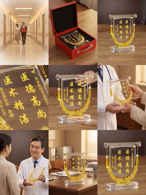 3行×3列的网格分镜故事板，共9个分镜，每个分镜画幅3:4，高端商业广告质感，电影级暖光，产品为水晶卷轴医生感谢锦旗，严格还原参考图里的产品包装设计、颜色、LOGO位置、文字内容、图案元素等所有细节，预览效果