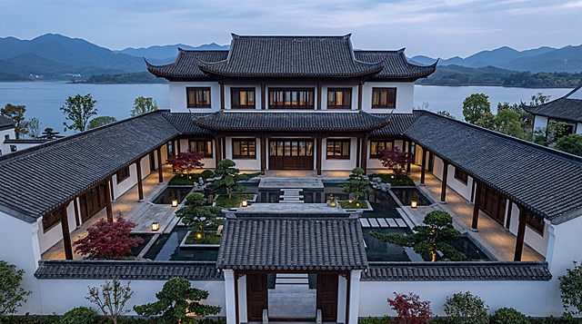 超写实8K商业级建筑效果图，南方农村新中式合院别墅，深长进深三进院落体块，主楼三层重檐位于后院核心，前后庭院层层递进，内部环形廊道完整围合中心庭院，建筑背靠水面，空间序列庄重雅致，飞檐翘角舒展大气，重檐层次丰富，白墙米白色哑光，深灰哑光青瓦，深棕木质立柱、门窗、大门，无红色灯笼，无烟花，无孔明灯，黄昏蓝调时刻，柔和真实物理光影，无畸变超广角航拍，极低俯视角度，全景构图，完整呈现整个建筑全貌与整体轮廓，无裁切无遮挡，庭院景观包含中心庭院水景、内围合环形廊道、景观石、造型松、红枫、汀步石、石板步道、景观地灯，背水面山，气势雅致大气，材质真实细腻，高清细节