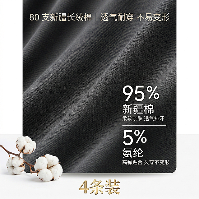 基于原图，将文字替换为：
第一行：80 支新疆长绒棉 | 透气耐穿 不易变形
第二行：95% 新疆棉柔软亲肤 透气排汗
第三行：5% 氨纶高弹贴合 久穿不变形
保持产品角度不变，采用高端影棚布光，柔光箱从左上方45度打光，保留细腻纯棉纹理，去除多余反光，产品底部留有轻微自然投影，在画面左下角添加棉花装饰元素，在图片底部添加金色描边文字“4条装”，整体色调干净高级，符合品牌调性，无水印，纯白背景，1:1构图，4K分辨率，画质清晰，细节丰富