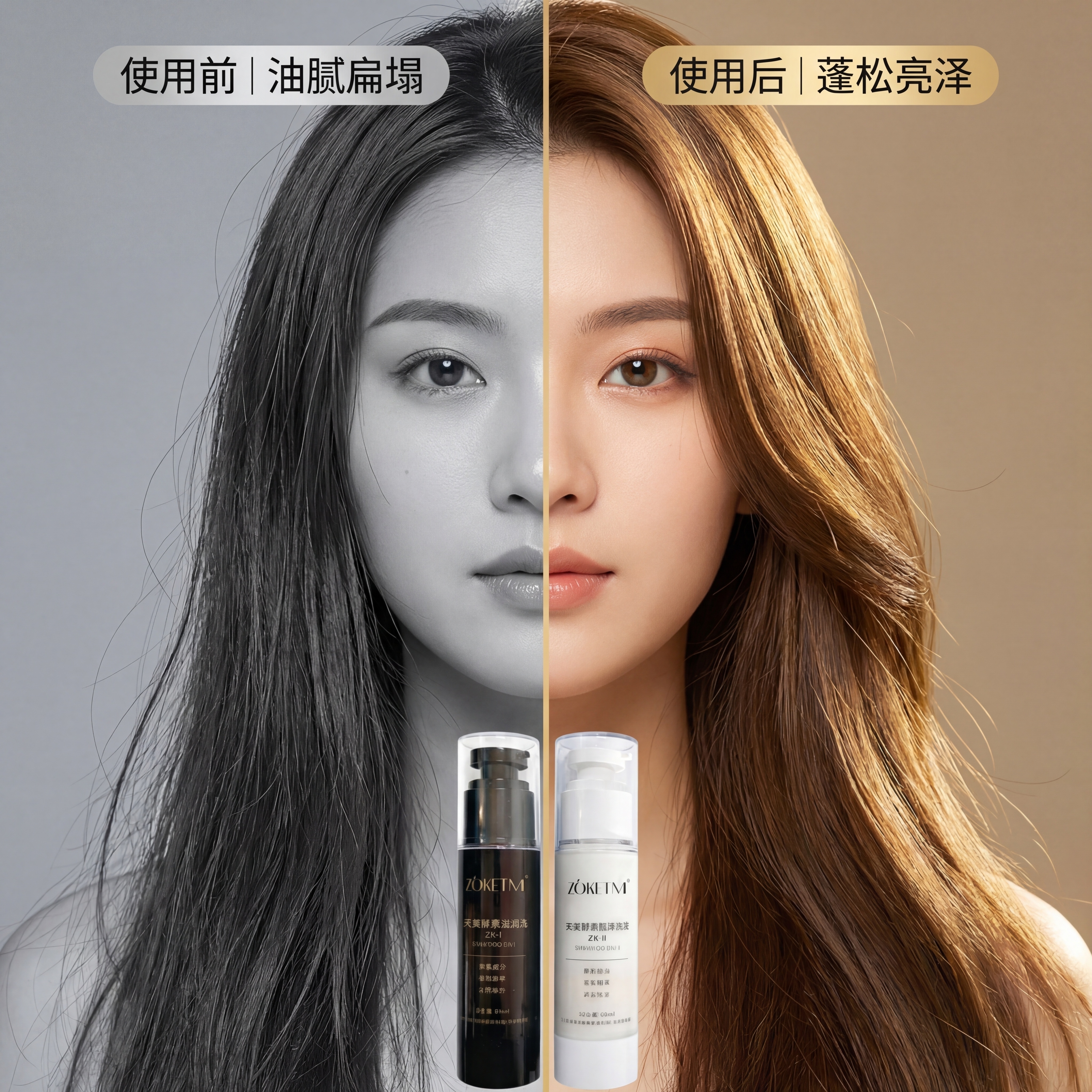 洗发液使用前后效果对比图，真实展示产品效果。画面左右对半分布，… - 图片创意预览
