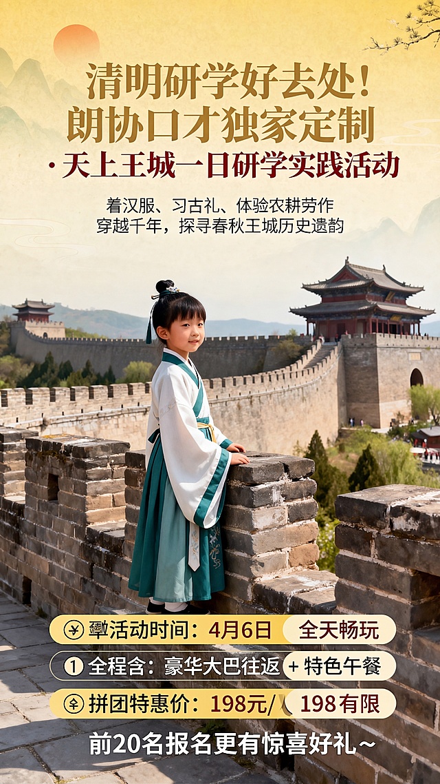 修改清明研学旅行宣传海报，将所有文字颜色更换为非黑色字体，保留原海报全部内容和设计：主题朗协口才独家定制天上王城一日研学实践活动，穿着汉服的小朋友在古代城墙上，春秋王城古建筑背景，包含全部活动信息文字