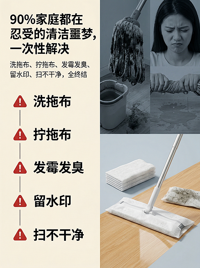 3:4竖版电商详情页，杂志级排版，现代轻奢居家风格，主色调为奶白和低饱和浅灰蓝。采用左右分栏布局，左半屏占40%，从上到下竖排五个痛点条目，每个条目配红色警示icon，文案分别为：洗拖布、拧拖布、发霉发臭、留水印、扫不干净。主标题"90%家庭都在忍受的清洁噩梦，一次性解决"居左置顶，加粗大字号。副标题"洗拖布、拧拖布、发霉发臭、留水印、扫不干净，全终结"左对齐。右半屏占60%，画面上下二等分，上半部分为传统拖把痛点场景：冷调暗光影，一个发黑发霉的拖布头，一个脏污的水桶，一位女生费力拧拖布时皱眉的表情，地面上拖完留下的水印，画面压抑。下半部分为产品清爽对比画面：暖调亮光影，放入参考图中的干净全新拖把，一张用完即扔的除尘布，一块高光洁净的地面。文字与画面左右均衡，形成极致情绪反差。