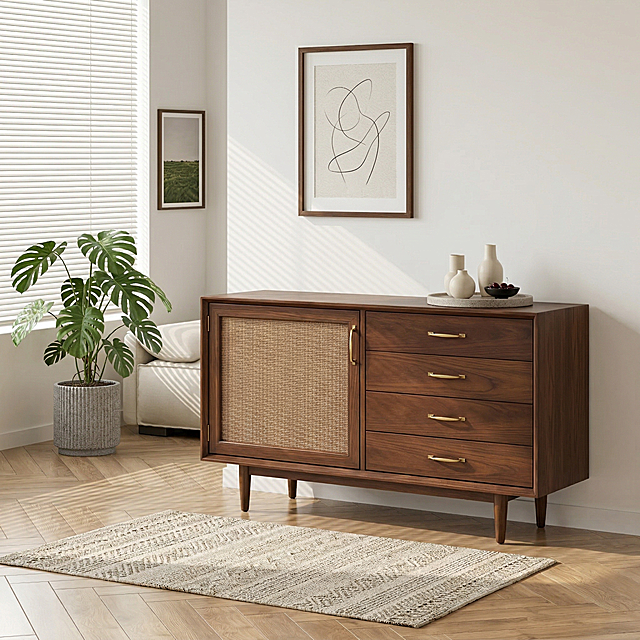 主体为图中的深胡桃木藤编边柜，保持产品物理结构、形态、材质、颜色不变，放置在北欧风客厅场景中，参考第二张图的客厅氛围进行50%相似度重构，保留原木色人字拼地板、大白墙、柔和漫射自然光，将参考图中的浅色斗柜替换为该藤编边柜，落地灯位置替换为龟背竹绿植，墙面挂画替换为极简装饰画，加入百叶窗光影、棉麻地毯元素，画面明亮通透，温馨治愈，商业摄影质感，无多余杂物。
