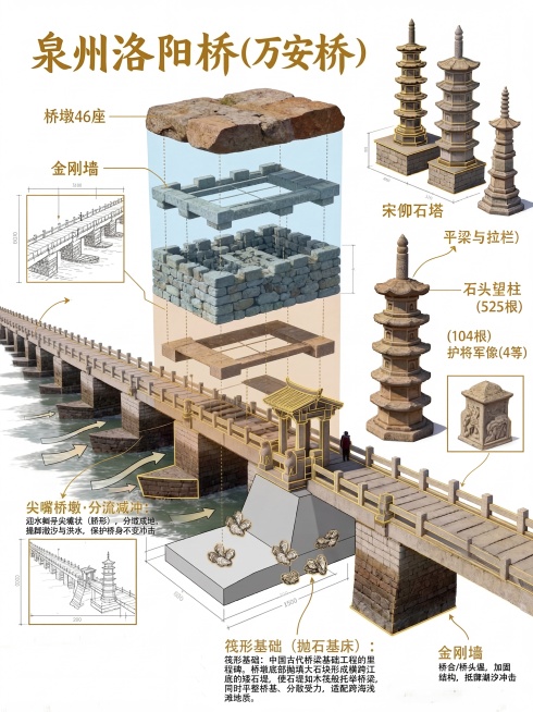 在原有泉州洛阳桥结构图基础上，新增筏型基础介绍：将桥底部用浅灰色块标注，添加指引线引出标注文字“筏形基础（抛石基床）”，并附上完整介绍内容“筏形基础：中国古代桥梁基础工程的里程碑。桥墩底部抛填大石块形预览效果