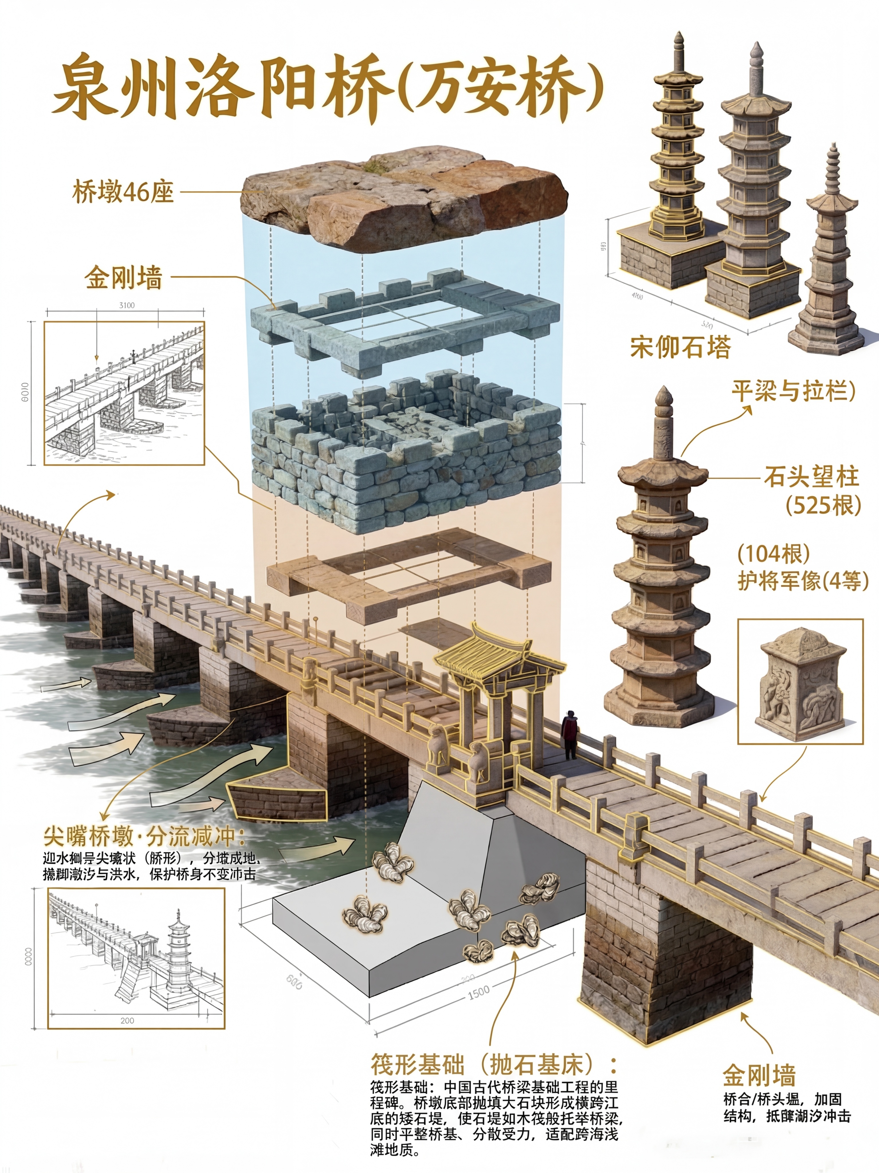 在原有泉州洛阳桥结构图基础上，新增筏型基础介绍：将桥底部用浅灰… - 图片创意预览