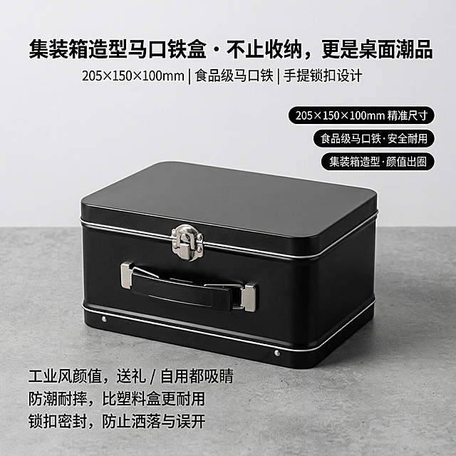 1.【主图1 强视觉记忆款首屏】：基于产品原图，黑色哑光集装箱造型马口铁收纳盒居中放置于简洁工业风桌面，金属质感细腻，光影突出箱体轮廓与锁扣细节。主标题"集装箱造型马口铁盒・不止收纳，更是桌面潮品"，副标题"205×150×100mm | 食品级马口铁 | 手提锁扣设计"，左下角三个利益点短句："工业风颜值，送礼 / 自用都吸睛"、"防潮耐摔，比塑料盒更耐用"、"锁扣密封，防止洒落与误开"，右上角三个圆角标签："205×150×100mm 精准尺寸"、"食品级马口铁・安全耐用"、"集装箱造型・颜值出圈"。整体风格简约高级工业风，主色调为深黑灰，文字为白色粗体无衬线字体，文字不遮挡产品主体，背景铺满干净浅灰色，无边框。