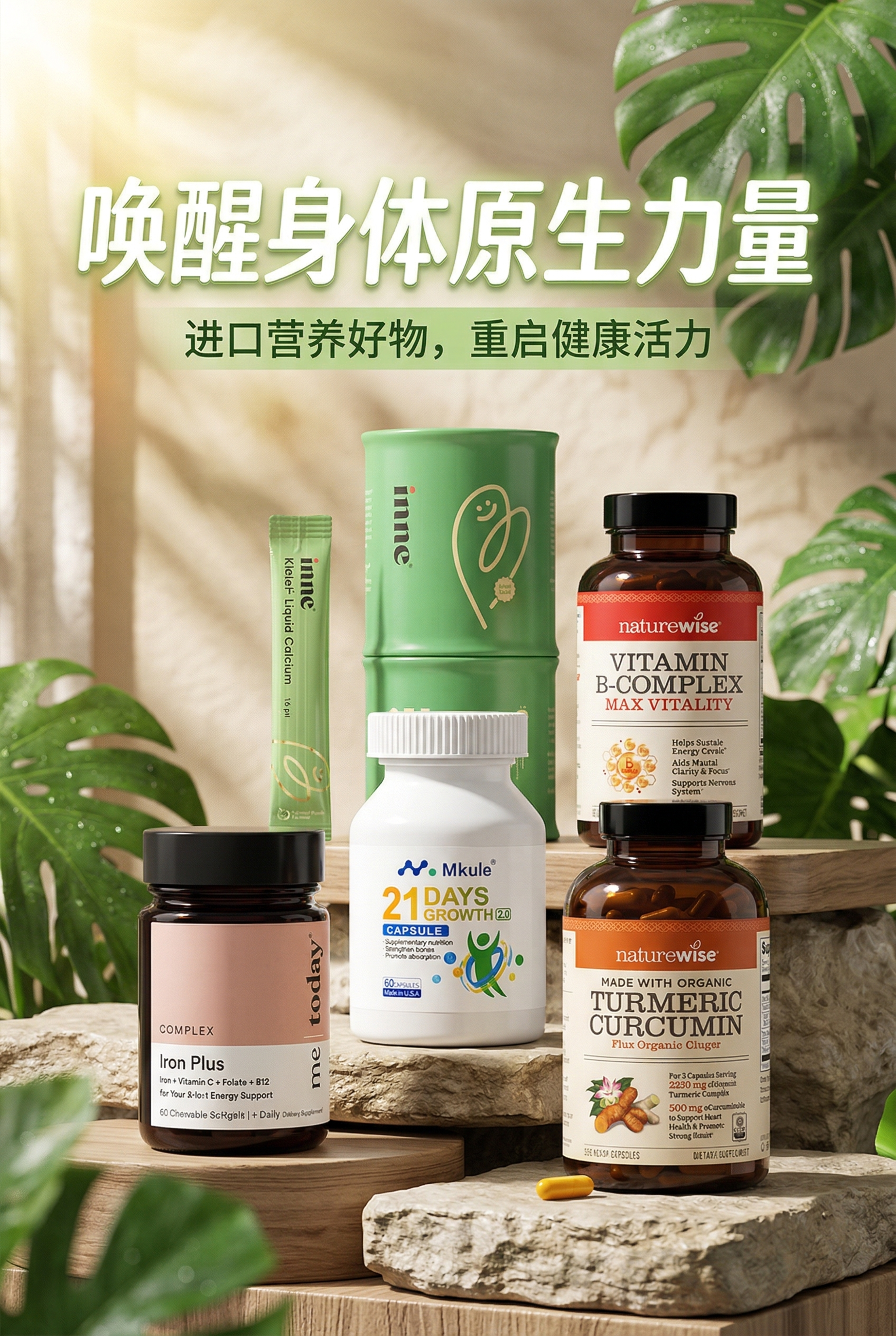一张健康营养品海报，包含图中五款进口营养产品放在同一个画面中，… - 图片创意预览