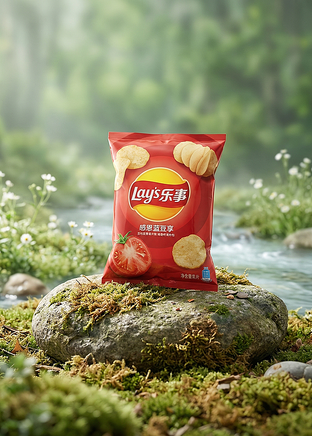 一张氛围自然的乐事薯片产品场景图，主体是乐事薯片包特写放置在长有苔藓的石头上，保持产品Logo原样，保持主体物理结构不变。背景是朦胧的绿色调，点缀白色小花和清澈溪水，使用经典侧逆光勾勒轮廓，柔光补光亮部细节，低饱和度自然色调，前中后景层次分明，三分法构图，留有呼吸感空间，商业高调摄影，柔和漫射光，充满自然生机，呈现食欲感与新鲜纹理。负向提示词：瓶身扭曲、Logo变形、内部液化、干瘪、多余的盖子、缺失的部件、悬浮的物体、变形的手柄、摄影灯、柔光箱、三脚架、水印、文字、昏暗光线、死黑阴影、畸变透视、比例失调、西方面孔、金发、深眼窝、雀斑、杂乱房间、硬光、乡村风