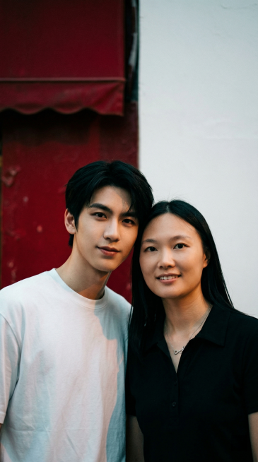 短黑发年轻男子身穿白色T恤，长直黑发女子身穿黑色翻领衬衫并佩戴精致银项链，两人并肩站立，面向镜头，柔和的戏剧性灯光，浅景深效果。背景一侧为深红色，另一侧为纯净白色，象征对比与和谐。超写实，8K分辨率，预览效果