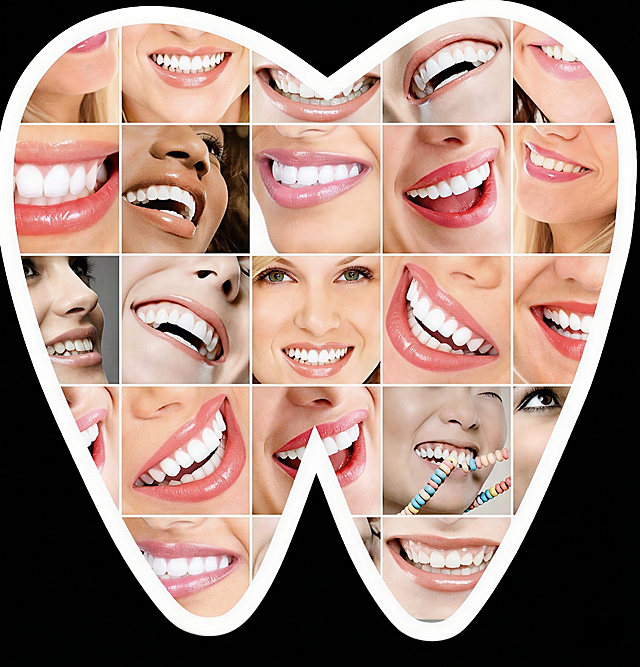 将图片的背景更换为纯黑色，保留原有的牙齿形状拼接的笑容拼图内容和白色轮廓，提升画面清晰度