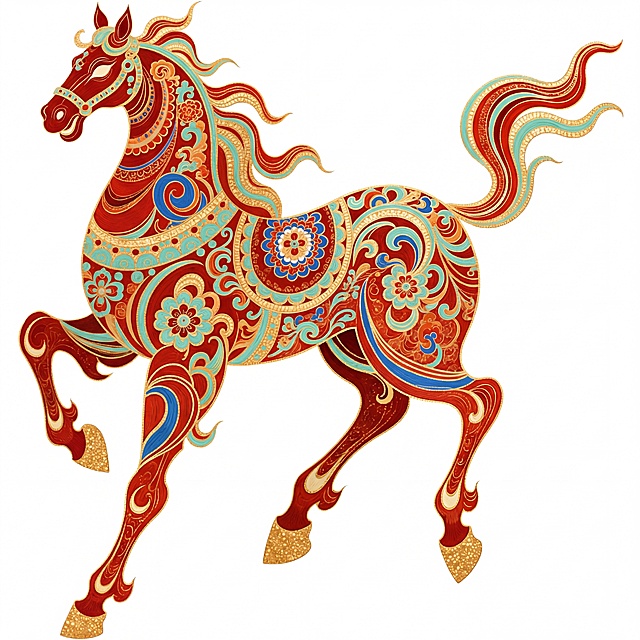 优化这张国风骏马插画的图案纹理，让纹理细节更清晰规整，图案衔接有序，色块边界分明，保持原有红金绿松石的敦煌配色和骏马造型风格