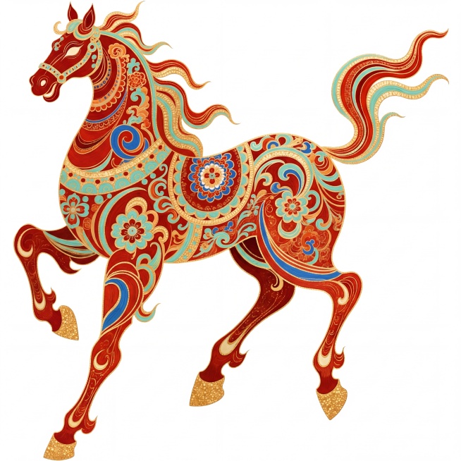 优化这张国风骏马插画的图案纹理，让纹理细节更清晰规整，图案衔接有序，色块边界分明，保持原有红金绿松石的敦煌配色和骏马造型风格预览效果