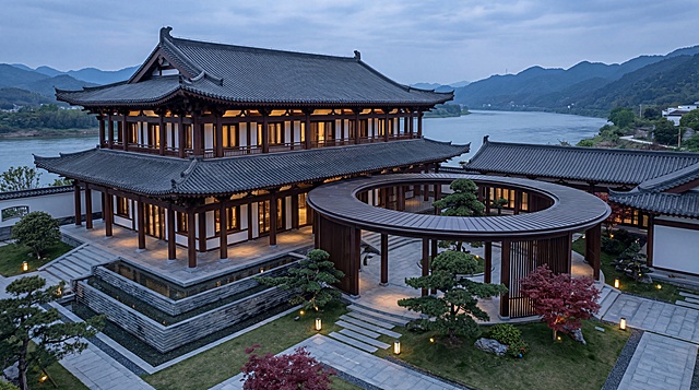 超写实，商业级建筑效果图，南方农村新中式合院别墅，深长进深体块，主楼三层重檐大气稳重，单侧悬挑式环形廊道连接厢房与庭院，造型现代新颖，建筑背靠水面，院落层次错落有致，飞檐翘角舒展大气，重檐层次丰富，白墙米白色哑光，深灰哑光青瓦，深棕木质立柱、门窗、大门，无红色灯笼，无烟花，无孔明灯，黄昏蓝调时刻，柔和真实物理光影，无畸变超广角航拍，极低俯视角度，全景构图，完整呈现整个建筑全貌与整体轮廓，无裁切无遮挡，庭院景观：折线叠水水景、单侧悬挑环廊、景观石、造型松、红枫、汀步石、石板步道、景观地灯，背水面山，静谧高级，材质真实细腻，高清细节
