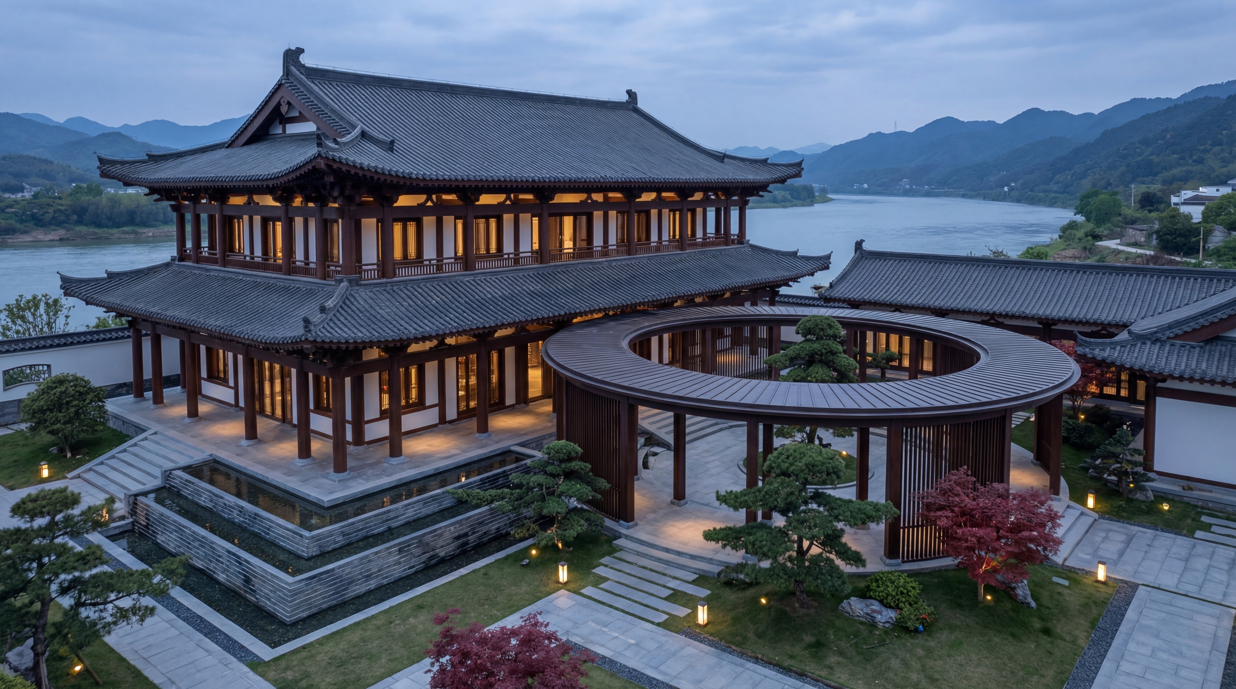 超写实，商业级建筑效果图，南方农村新中式合院别墅，深长进深体块… - 图片创意预览