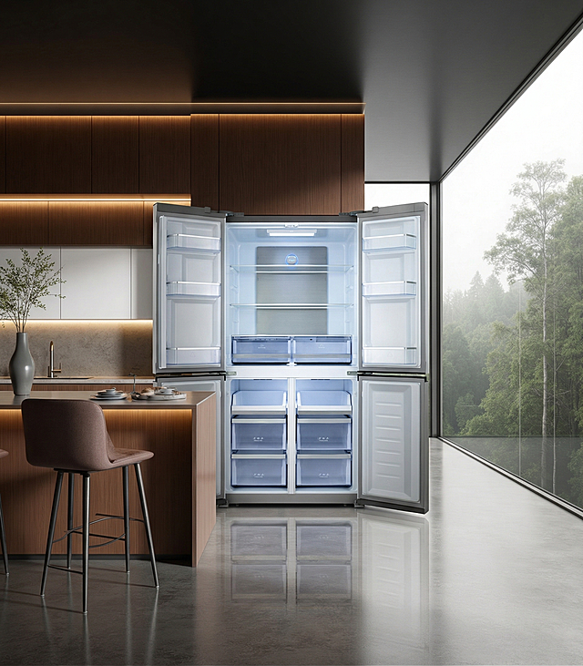 将场景图中原有的棕色关闭状态冰箱替换为打开门的银色十字门冰箱，保持整体厨房场景不变。光影匹配：背景光源为室内漫射柔光，在冰箱底部及右侧生成自然柔和的接触阴影，阴影近实远虚。材质交互：冰箱金属表面反射厨房木质柜体和窗外的森林环境，内部冷光与室内暖光自然过渡。边缘处理：消除抠图白边，应用环境色漫反射，让冰箱与场景完全融合，保持整体现代极简的家居风格，画面通透干净。