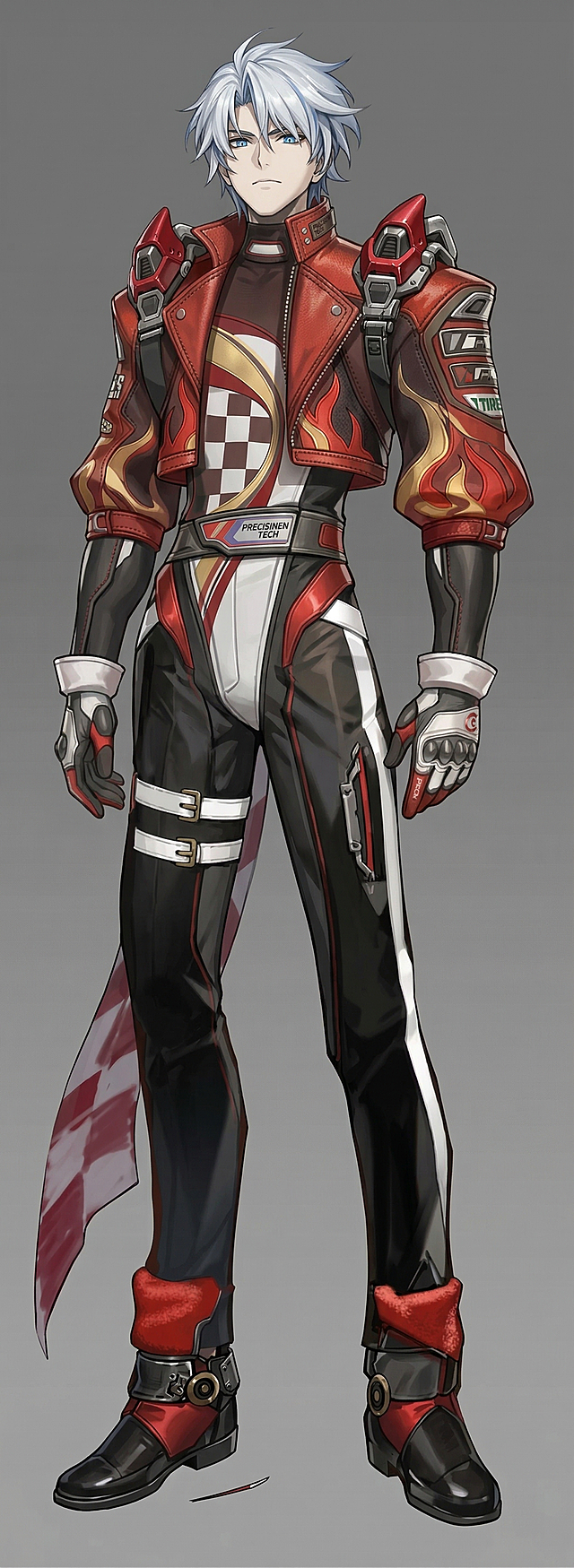 修复画面破损区域，完全保留原有设计，提升细节精度至4K级，符合游戏原画标准：修补衣物、手套、鞋子的残缺部分，机车皮衣刻画真皮纹理、缝线与做旧磨损效果，肩甲硬表面金属添加机械卡扣、烤漆质感细节，火焰纹样、赛道格纹边缘锐利清晰，护具与绑带的机械细节刻画到位，发型发丝根根分明，面部保持冷峻机车手神态，光影呈现硬朗工业风，不改动原有红黑机车风配色与造型结构