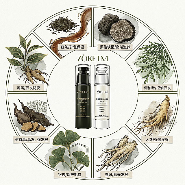 洗发液成分故事页视觉图，主题为天然与科技结合，采用圆形构图，8种天然成分环绕成一圈，每种成分采用手绘线条加轻微水墨晕染的风格，植物使用墨绿色搭配金色描边。其中红茶呈现茶叶加茶汤流动感，黑孢块菌呈现切片剖面纹理，侧柏叶呈现细叶加露珠质感，人参呈现根须带微泥土质感。圆形中间留白位置放置上传的洗发液双瓶小图，背景为米白或浅灰色，整体清新高级。每个成分下方预留小标签位置，分别对应：红茶/补色保湿、侧柏叶/控油养发、黑孢块菌/高端滋养、当归/营养发根、银杏/保护毛囊、何首乌/乌发、强发根、地黄/养发防脱、人参/强健发根。