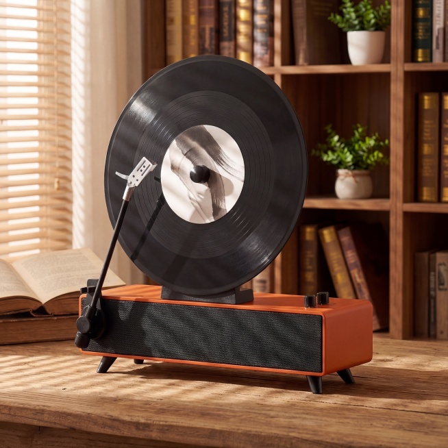 保持图中的橙色黑胶唱片机的物理结构、外观细节、组件完全不变，将它自然融入温馨书房场景，有柔和的阳光透过百叶窗形成光影，背景有实木书架、半开的旧书、小型绿植，全屋漫射柔光，低对比度，奶油暖色调，整体是家预览效果