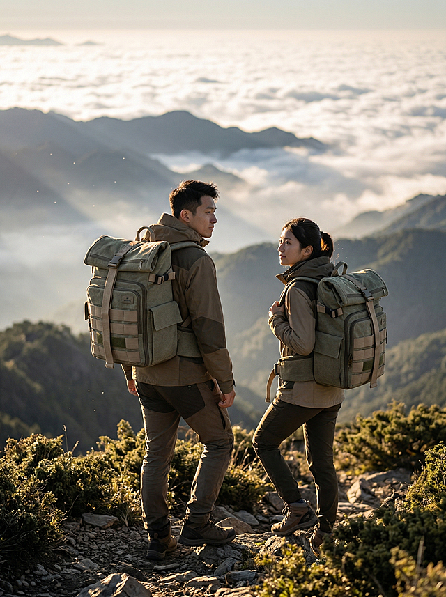 男女东亚模特背着图中的军绿色帆布双肩包，在清晨登山，背景是晨雾缭绕的山脉和云海，第一缕阳光照亮背包轮廓，突出背包轻量化设计，防水帆布面料质感，户外探险风格，电影感光线，浅景深，史诗感氛围，专业摄影，保持背包结构不变，Logo原样保留，模特姿态松弛有动态感，与环境互动，前中后景层次分明，画面有光斑等流动元素