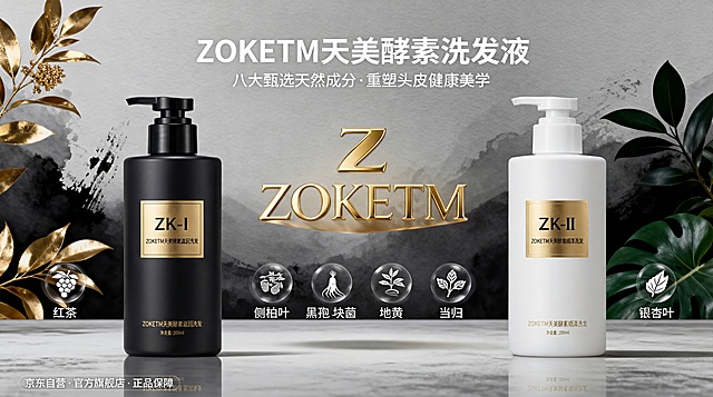 将图中的洗发液产品替换为新上传的ZK-I磨砂黑金瓶和ZK-II哑光白金瓶，保留原海报的渐变高级灰带水墨纹理背景、金色悬浮ZOKETM LOGO、柔和倒影、两瓶之间的8个植物图标以及预留的文案位置，整体维持高端质感的品牌气质，主色调保持高级灰、黑金、白金，点缀香槟金和墨绿植物感色彩，瓶身呈现烫金标签质感。