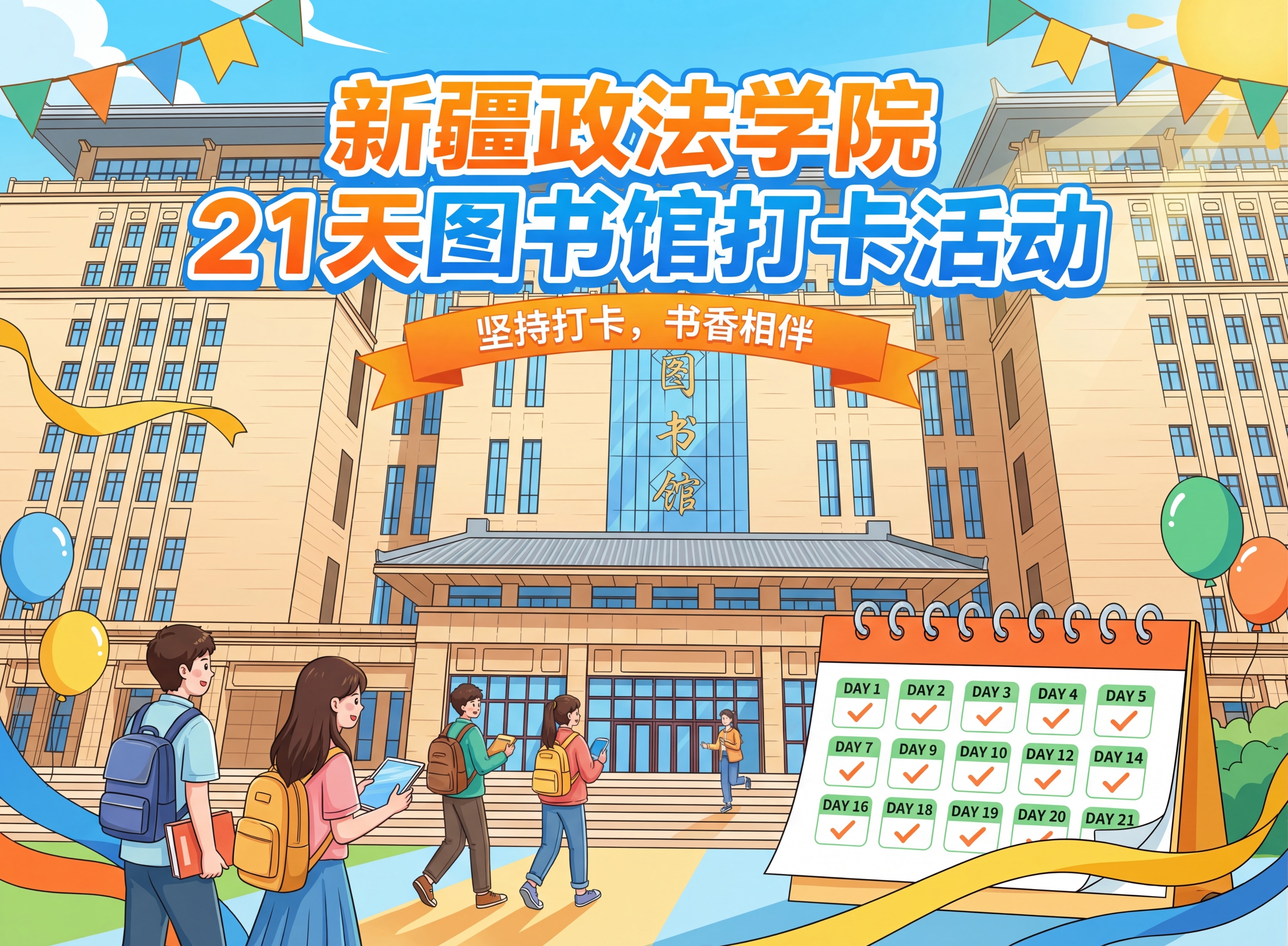 为新疆政法学院图书馆制作一张21天图书馆打卡活动的宣传海报，加… - 图片创意预览