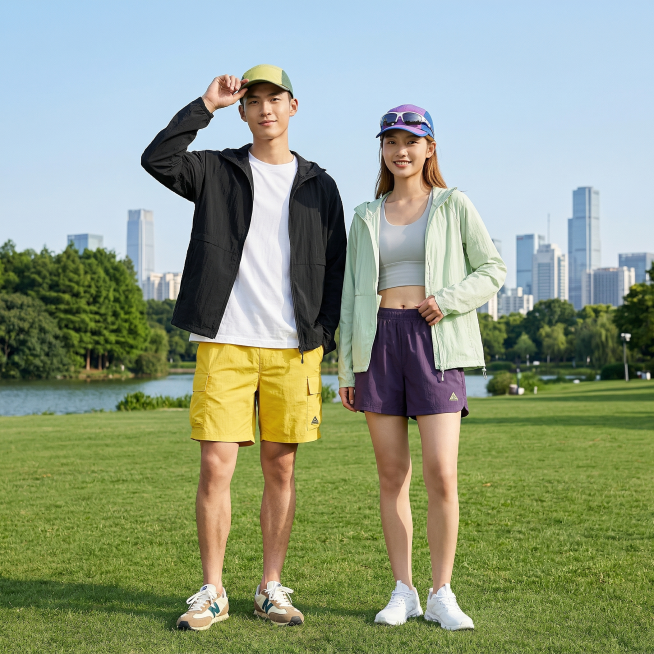 专业户外商业摄影，两位年轻亚洲模特并肩站立于城市公园草坪上。男性模特：身高挺拔，清爽短发，表情自然舒展，右手抬起扶着黄绿拼色棒球帽；内搭白色宽松圆领T恤，外穿黑色连帽轻薄防晒夹克（图1），下身搭配亮黄预览效果