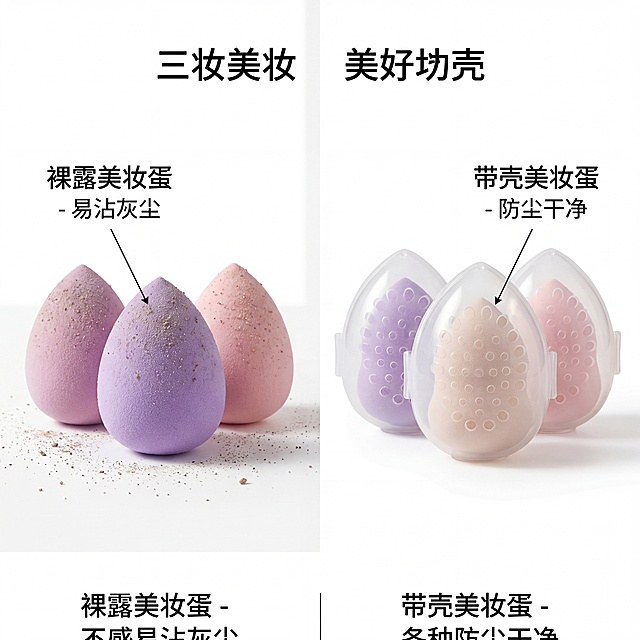 生成电商功能对比图，左侧展示裸露美妆蛋，右侧展示带收纳壳美妆蛋，对比展示防尘干净卖点，美妆蛋壳按照参考图中的样式生成。纯白背景，左右对称构图，呈现直观对比效果。电商功能对比图风格，清晰直白，卖点突出，整体为纯白干净色调。正面平视，对称构图，光线均匀，无杂物，预留文字添加位置，适合功能卖点图。