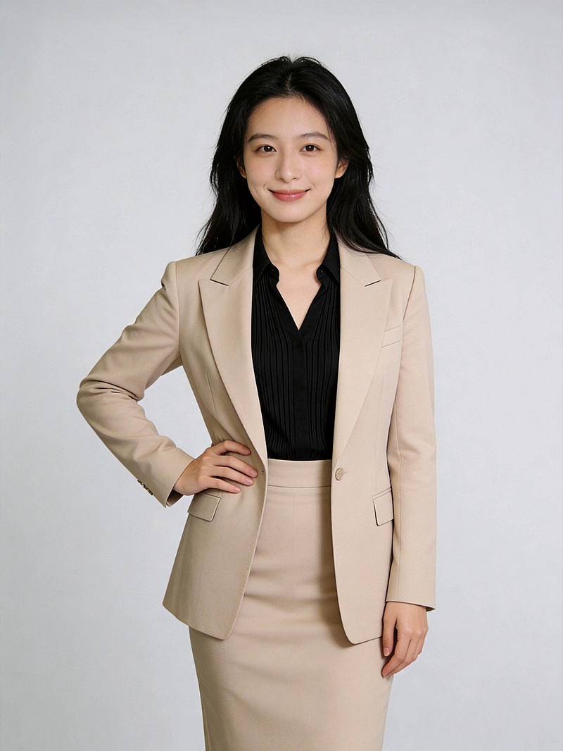 正式风卡其色套装女性职场形象照