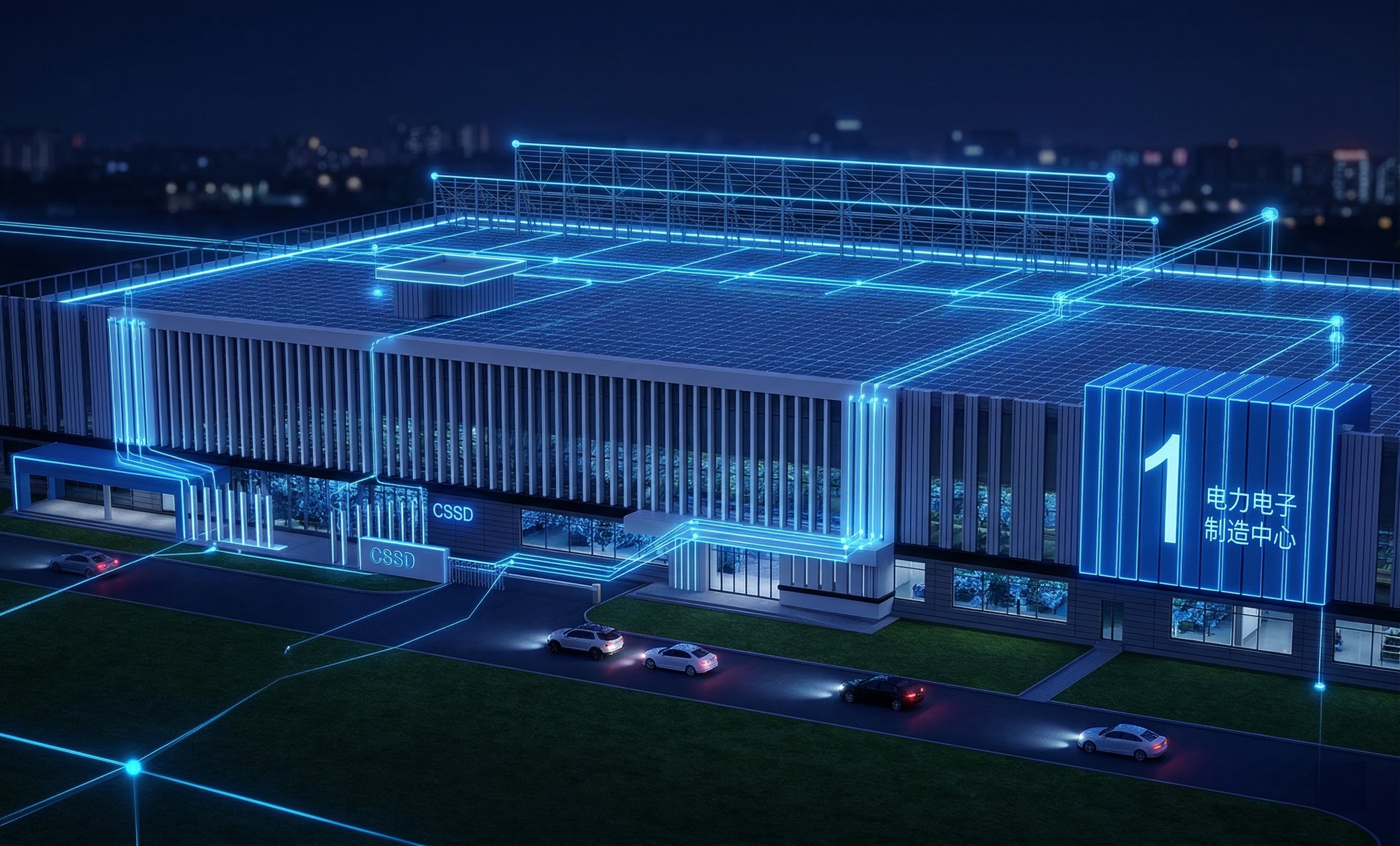 将这张工厂建筑效果图改为夜景，添加参考图中那样的蓝色科技感发光… - 图片创意预览