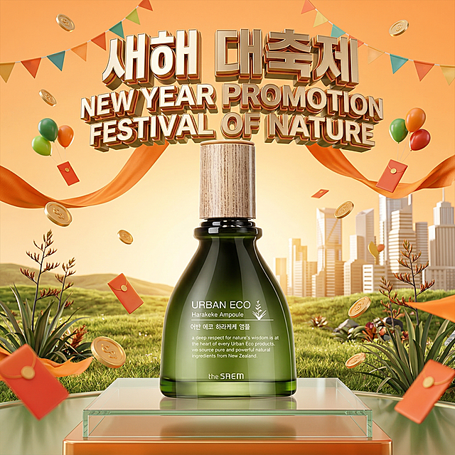 保持香水瓶主体结构和瓶身文字不变，保留玻璃瓶和木质瓶盖，3D商业电商海报，明亮暖橙色调，金属立体标题，玻璃展台展示香水，背景是绿色草原加城市天际线，用彩旗气球红包金币橙色飘带装饰，清新自然节日促销，高饱和通透光影，写实3D质感，适合电商大促，商业摄影柔和漫射光，层次分明，保持产品主体不变，只换背景