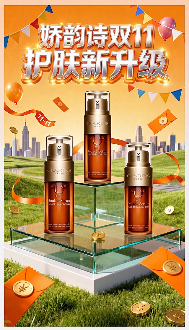 参考原图构图和促销氛围，保留所有场景元素，仅将海报顶部的文字'金典双11 有机新升级'修改为'娇韵诗双11 护肤新升级'，文字保持原有立体金属质感和发光效果，保持产品瓶身形状、文字和logo不变，保留原图橙色背景、绿色草地、玻璃展示台、红色丝带、金币、三角彩旗、城市背景和气球，保持商业摄影效果，整体画面明亮，光影柔和