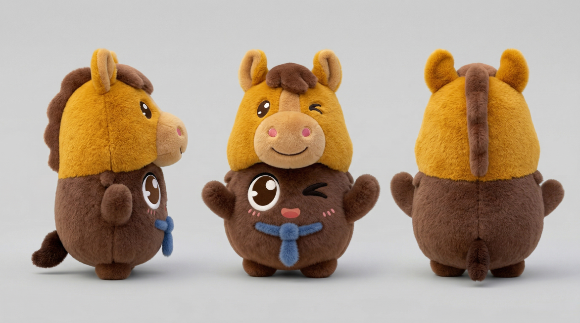 保持原棕色毛绒角色的整体造型不变，将角色头上的香蕉替换为马年毛绒质感、亮棕黄色的Q萌可爱马头卡通头套，展示角色全身完整造型，生成三视图（正视图、侧视图、后视图），画面风格统一为毛绒玩偶质感，整体清晰美预览效果