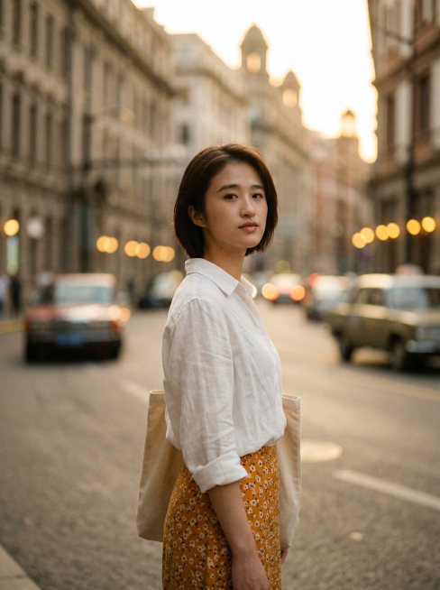参考上传图1的年轻东亚女性面部特征（保留100%面部结构、骨骼与自然肤质），深棕色利落短发波波头，表情自然直视镜头，身体略侧向一边。穿宽松微皱白色亚麻翻领衬衫（袖口卷起），搭配暖橙黄色系花卉印花半身裙预览效果