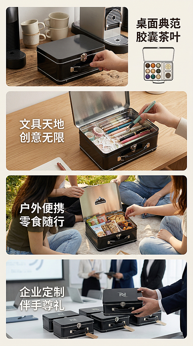 生成多张黑色复古集装箱马口铁收纳盒1688详情页图片，添加生活化场景背景，展示不同使用方式：1.桌面收纳咖啡胶囊茶叶，2.收纳文具手账素材，3.作为户外出行便携零食盒，4.企业定制LOGO作为伴手礼礼盒，加入真人使用场景，清晰展示产品细节和功能，风格适合电商批发展示